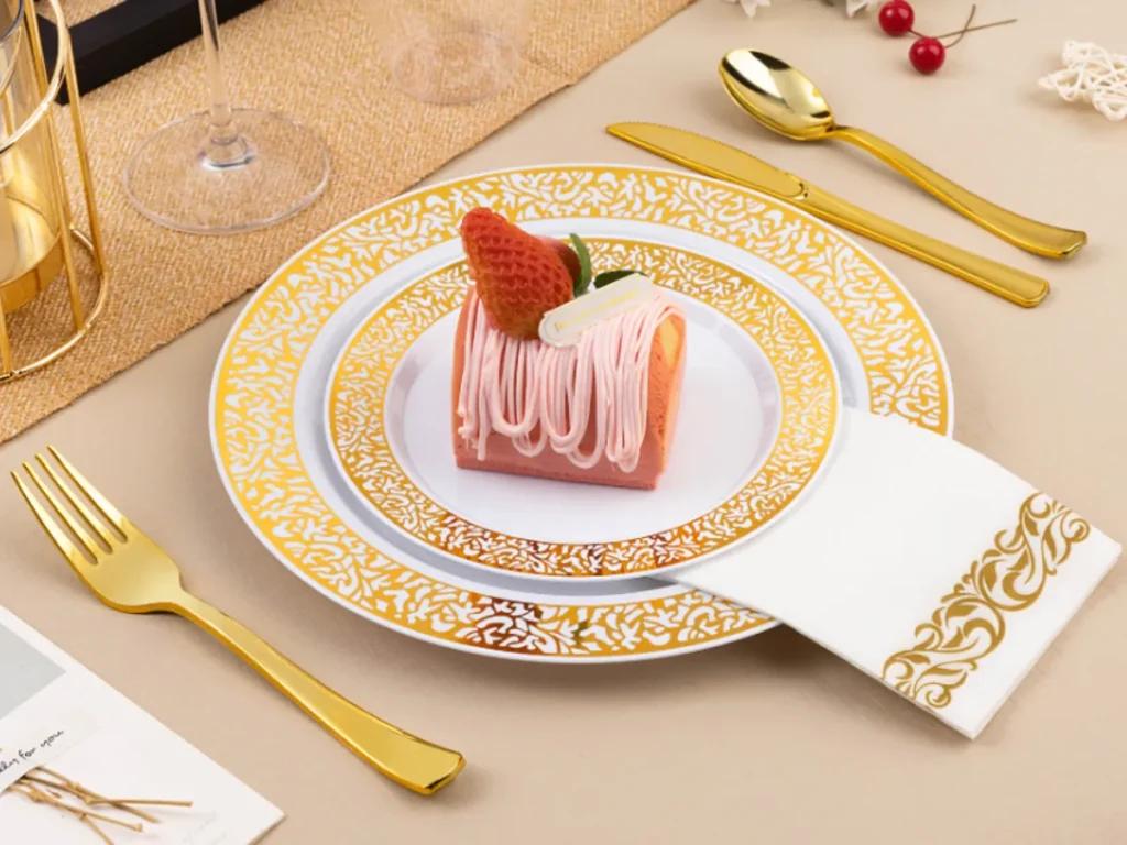 gold lace plastic party plates